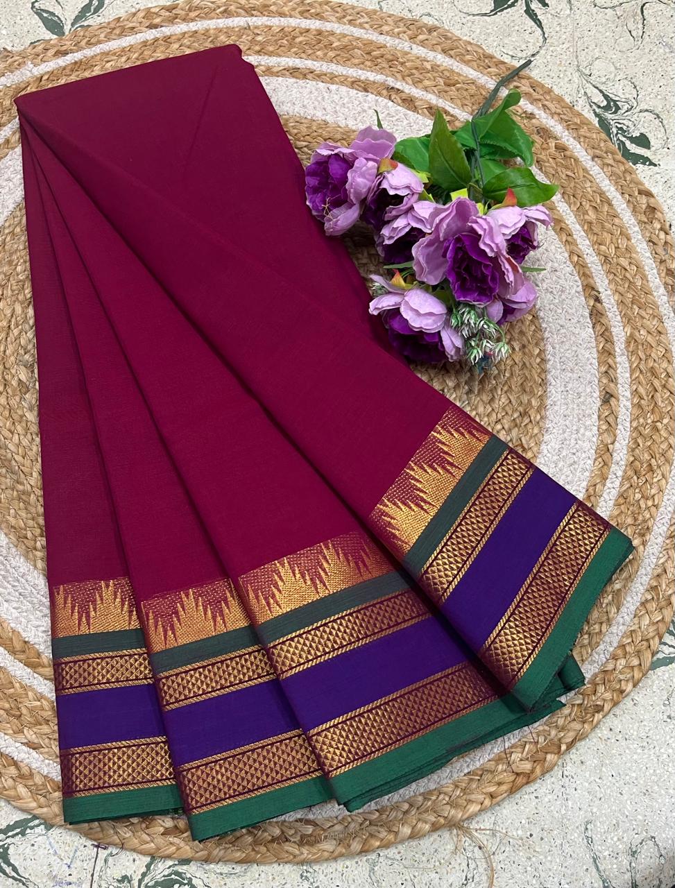 Wine & Purple Kanchi Cotton Saree With Geometric Zari Border